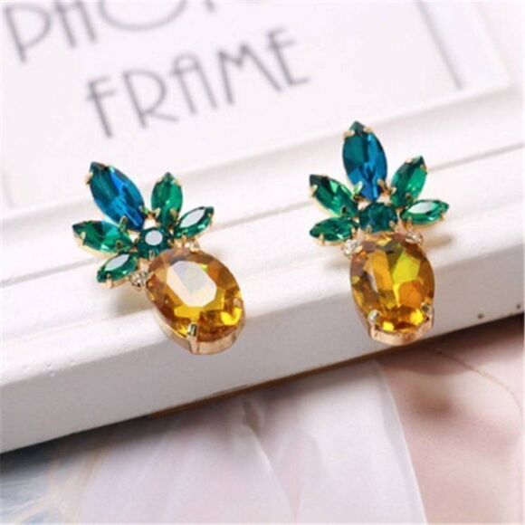 Pineapple Green Yellow Crystal Earrings - Picture 4 of 7